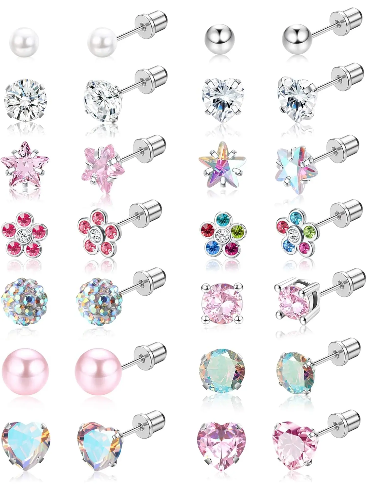 14 Pairs Hypoallergenic Screw Back Stud Earrings for Women Surgical Steel Tiny CZ Cubic Zirconia Studs Pearl Ball Heart Flower Screwback Earrings Studs Set Multicolored Pink Heart Shape Earrings Stud Earring Jewelry