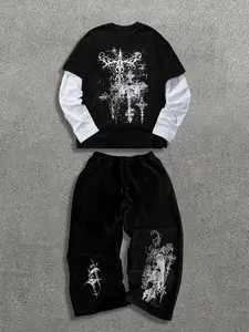 Men's Long Sleeve Two-Piece Set, Casual Gothic Style Print, High-Quality Fabric for Fall & Winter, Fitted Fashion