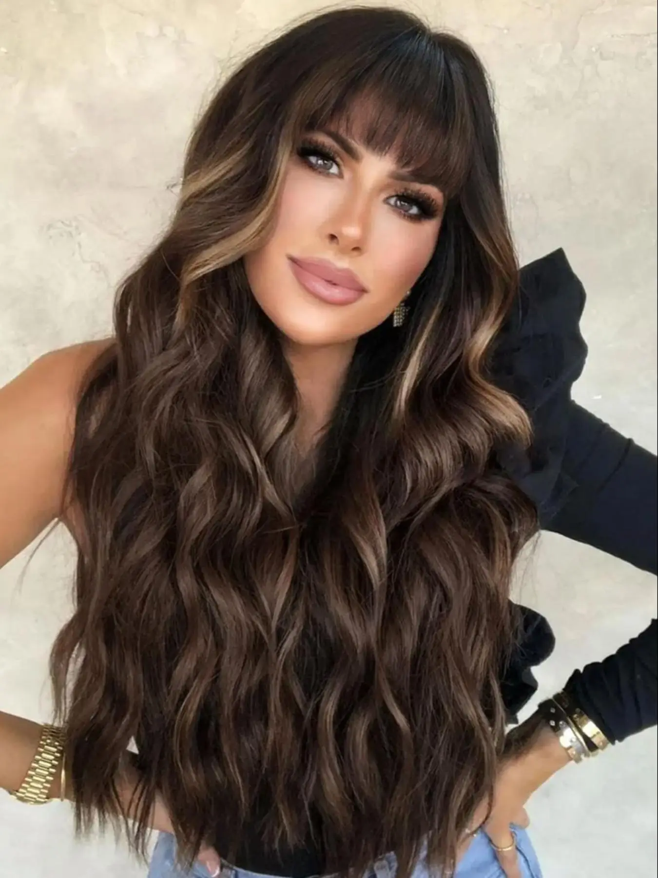 26 Inch Long Wavy Wigs for Women, Gorgeous Fluffy Wigs with Blunt Bangs, Synthetic Full Machine Wigs for Party, Daily Use