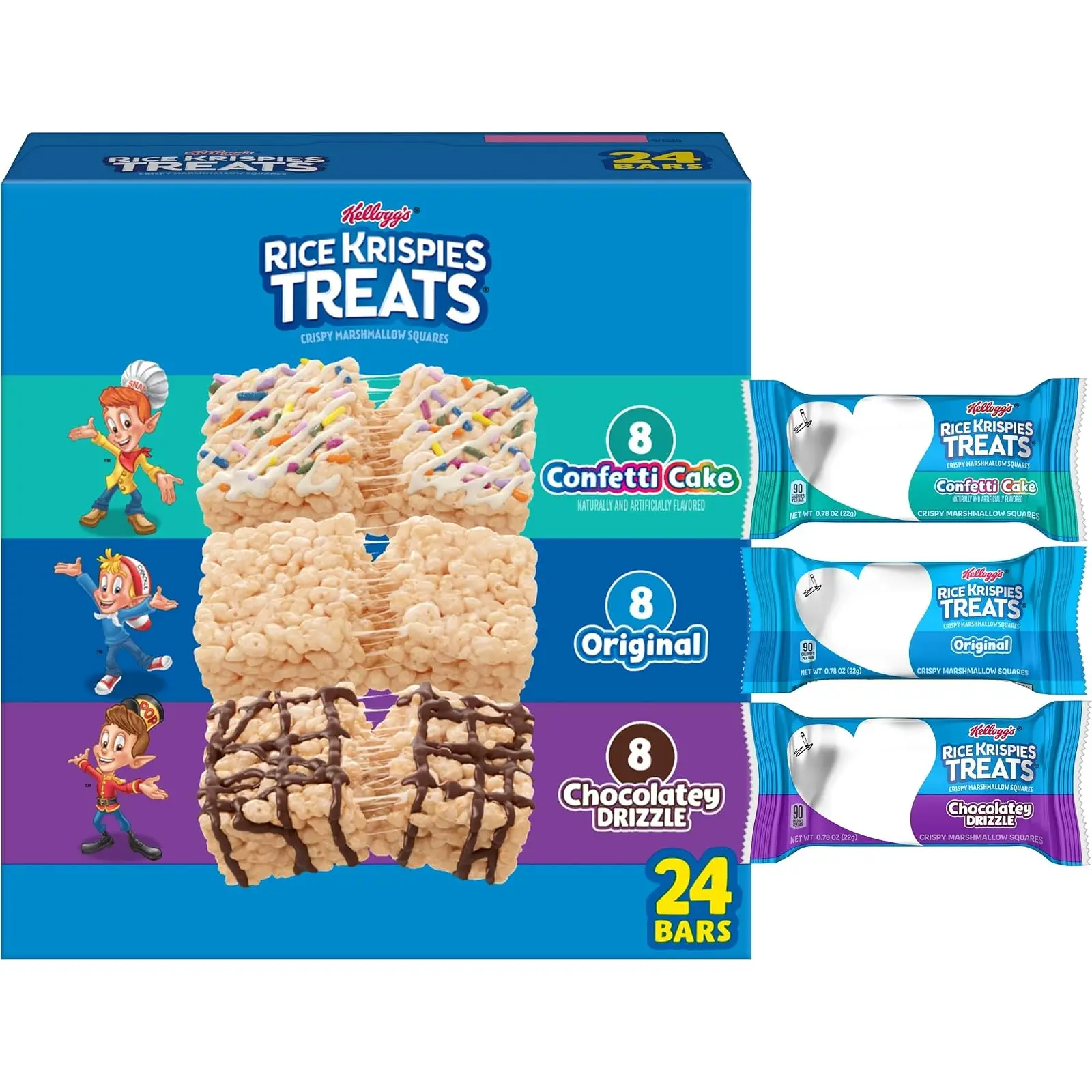 Rice Krispies Treats Crispy Marshmallow Squares, Kids Snacks, Cereal Bars, Variety Pack, 18.6oz Box (24 Bars)
