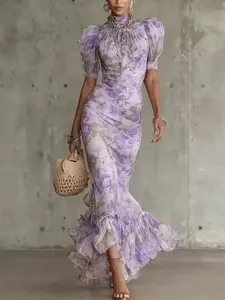 2026 New French Bubble Sleeve Floral Long Dress, Elegant Patchwork Tiered Mesh Fish Tail Dress, Back Zipper Design, Spring Summer Fashion