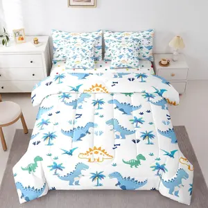 Cute Dinosaur 7 Piece Bedding Set Blue Dinosaur Comforter Set with Sheets Coconut Palm Bed in a Bag Animal Theme Bed Set Soft Lightweight