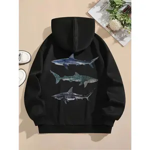 Women's shark print hoodie for women's winter and fall fashion Graphic - Black Long Sleeve Pullover Regular Fit | Soft & Breathable Fabric, Durable Print, Everyday Comfort, Machine Washable , casual and artistic flat lay with accessories like