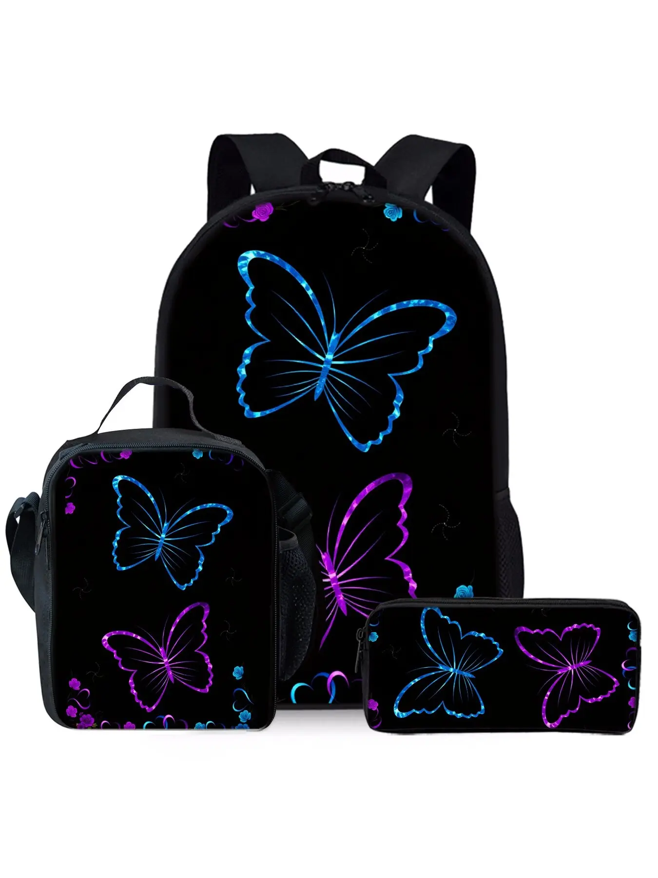 Blue Purple Butterfly Print 3-Piece Backpack Set, Lunch Bag, Pencil Case, Backpack For School