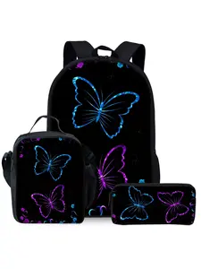 Blue Purple Butterfly Print 3-Piece Backpack Set, Lunch Bag, Pencil Case, Backpack