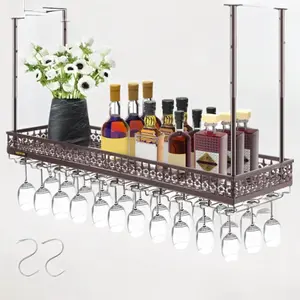 Elegant Coppery Ceiling Wine Glass Rack - Stylish Hanging Wine Glass Holder, Adjustable Height, Wall-Mounted, Ideal for Bar, Cafe, Kitchen  D