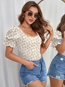 Floral Print Puff Sleeve Bodysuit, Sweet Square Neck One Piece Bodysuit, Women's Clothing