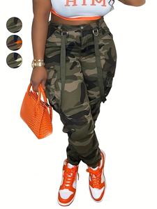 women's camo print flap pocket cargo pants, casual streetwear button trousers for daily wear, ladies camouflage printed pocket bottoms for all seasons, vibrant pants women