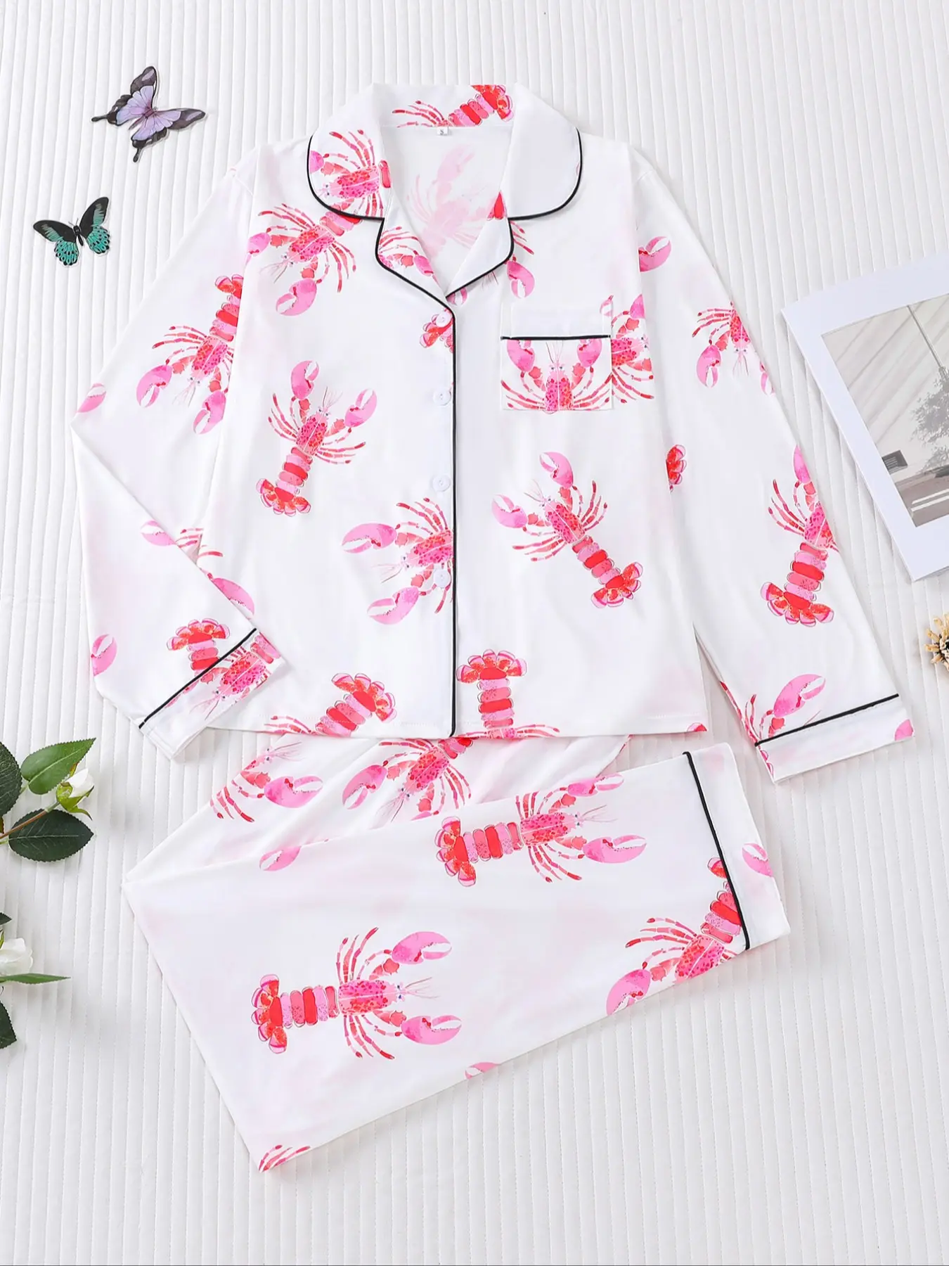 Women's 2-Piece Pajama Set Pjs, Lobster Print, Casual Loose-Fit Knit Long Sleeve Top & Elastic Pants, Soft Comfortable Sleepwear Loungewear Homewear for Fall Winter