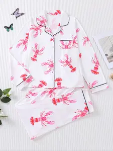 Women's 2-Piece Pajama Set, Lobster Print, Casual Loose-Fit Knit Long Sleeve Top & Elastic Pants, Soft Comfortable Sleepwear Loungewear for Fall Winter