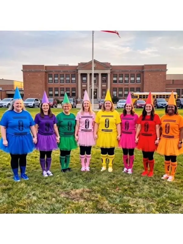 Halloween Crayon Costume Group Teacher Halloween Costume Book Character Cosplay Funny Teacher Outfit T-shirt & Tutu Skirt & Gnome Cone Hat & Socks for Preschool Kindergarten Elementary School Classroom Colorful Art Party Trick-or-treat Teacher Gift