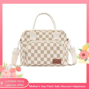 Lunch Box for Women Insulated Lunch Bag Cute Corduroy Lunch Tote Bags Lightweight Reusable Leakproof Cooler Bag with Adjustable Shoulder Strap for Work Office Travel Picnic (Checkered)