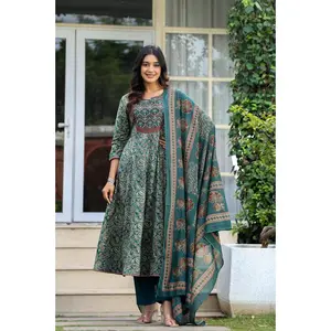 Indian Kalamkari-Printed Anarkali Cotton Suit Set