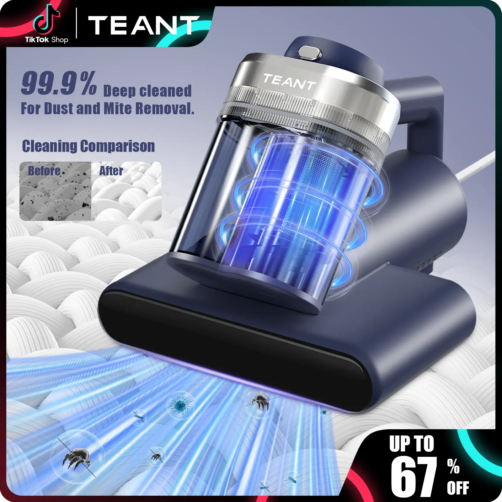 【Teant】 Mattress Vacuum Cleaner for Dust Mites Removal, Bed Vacuum with UV-C Light & 149°F Hot Air & Aroma Tablet & LED Display, 16Kpa Powerful Suctio