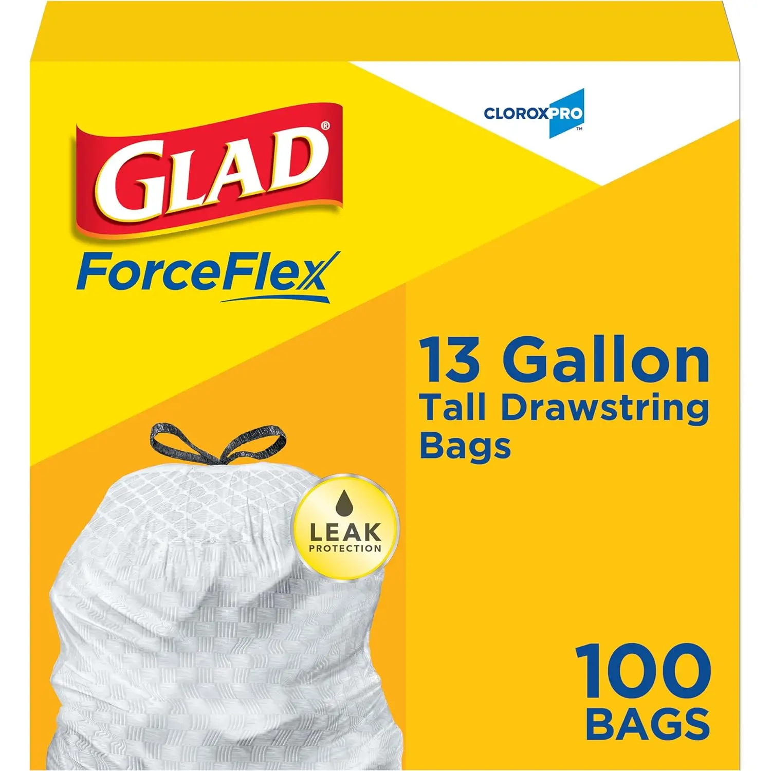 Cloroxpro forceflex 13 gallon tall kitchen drawstring trash bags 100 count package may vary
