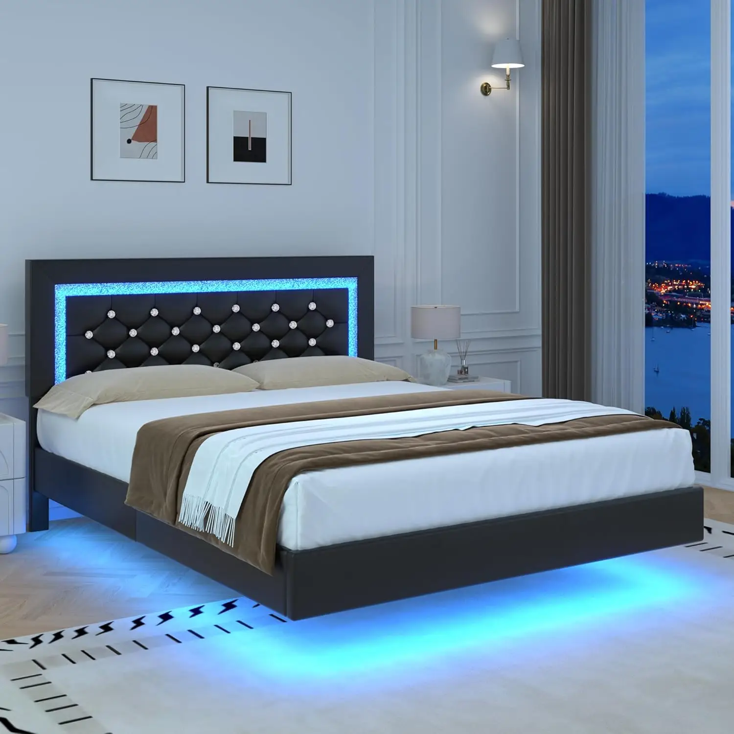 HOMBCK Floating Bed Frame with LED Lights, Upholstered Morden Platform Bed with Diamond Tufted Headboard, No Box Spring Needed, Noise Free, Easy Assem
