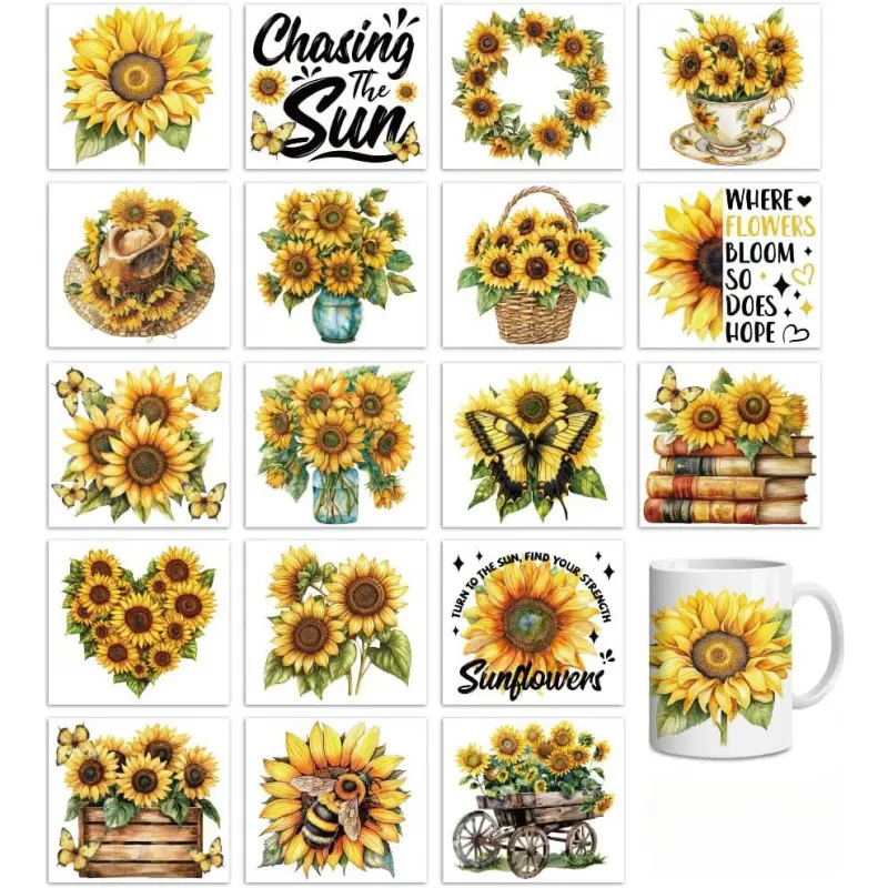 18 Sheets Generous Quantity Rub On Transfers for Crafts, Sunflower 3.6"x3.9" UV DTF Cup Wrap Waterproof Cold Transfers Stickers for  Glass Cup Tumblers Mirrors Mugs Home Decor