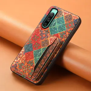 Denior Wallet Case for Sony Xperia 10V/10iv/5iv/5iii/1V/1iv with Glue Card Holder, Fashion Design Floral Pattern, Wood Material, Foldable Wallet with 3 One Card Slots, can Insert 3-5 Cards, Shockproof Cover D15