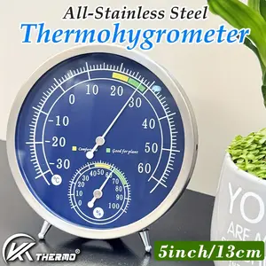 Stainless steel indoor hygrometer-analog temperature monitor, non-slip bottom, no battery required.
