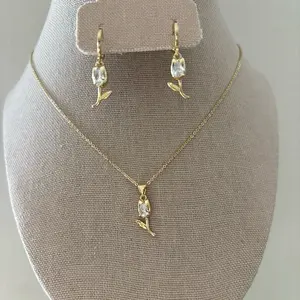 Gold Plated 14k Tulips Set - Elegant Necklace & Earrings with Crystal Accents for Women