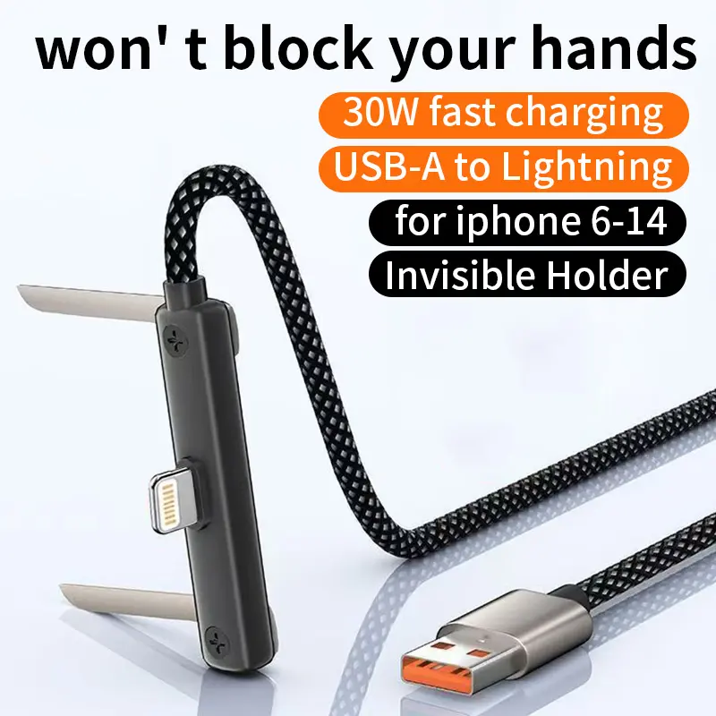 Kaxoe 30W Speed Durable Braided Wire Right Angle USB-A to Lightning Charging Cord with Integrated Phone Stand, Lightweight Convenient No-Hand-Blocking Cable for iPhone 6-14 Plus Pro Max & iPad iOS Devices, Hand-Free Hold