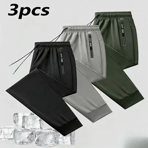 3-piece set of spring and summer men's ice silk ankle binding, breathable quick drying sports pants, fashionable zipper pocket casual pants, Athleisure Style Pants, suitable for daily wear and outdoor sports.