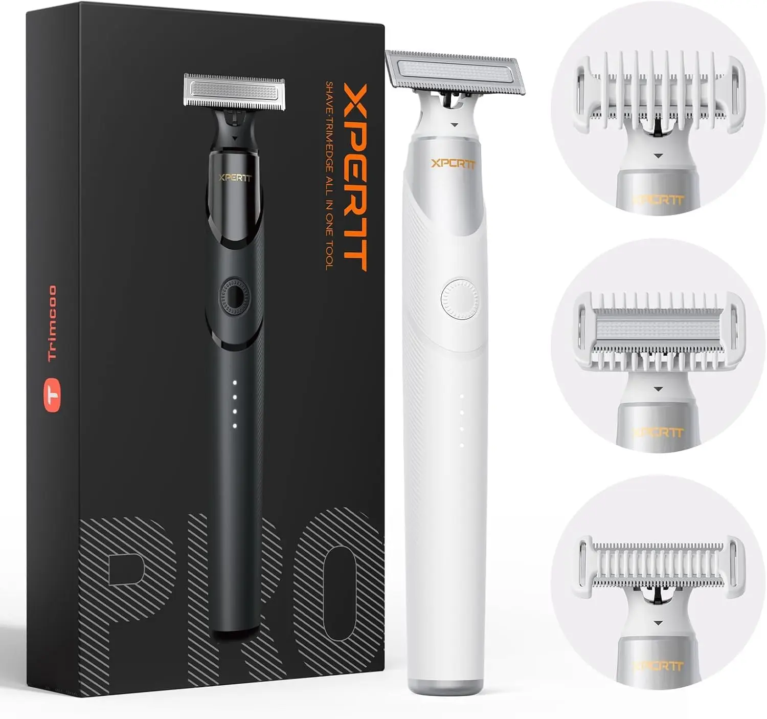 Trimcoo H1 Lite Men's Electric Trimmer, T-Blade Body Groomer with 3 Guide Combs, Magnetic Blade, 90-Min Runtime, Rechargeable Travel Trimmer - White