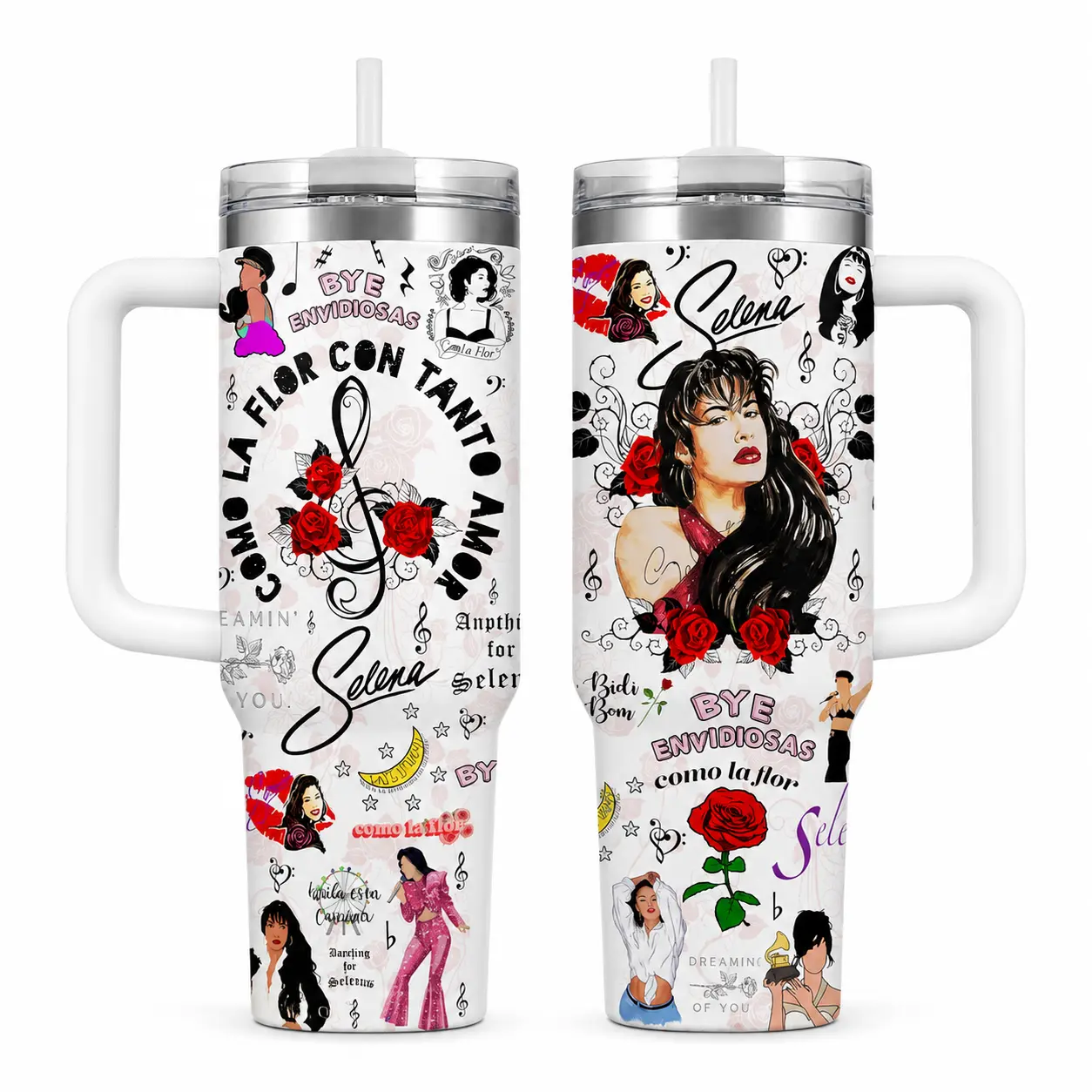 Selena Como La Flor Bye Envidiosas Tumbler 30oz 40oz, Latina Music Fan Cup With Red Rose Collage Singer Graphic And White Travel Drinkware With Handle, Not Including The Straw Water Bottles Bottle