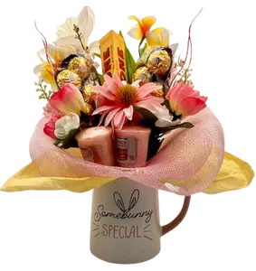 Somebunny Special Bouquet Gift Set with 20 oz Ceramic Mug, Toblerone & Ferrero Rocher Chocolates, Yankee Candles, and Silk Flowers