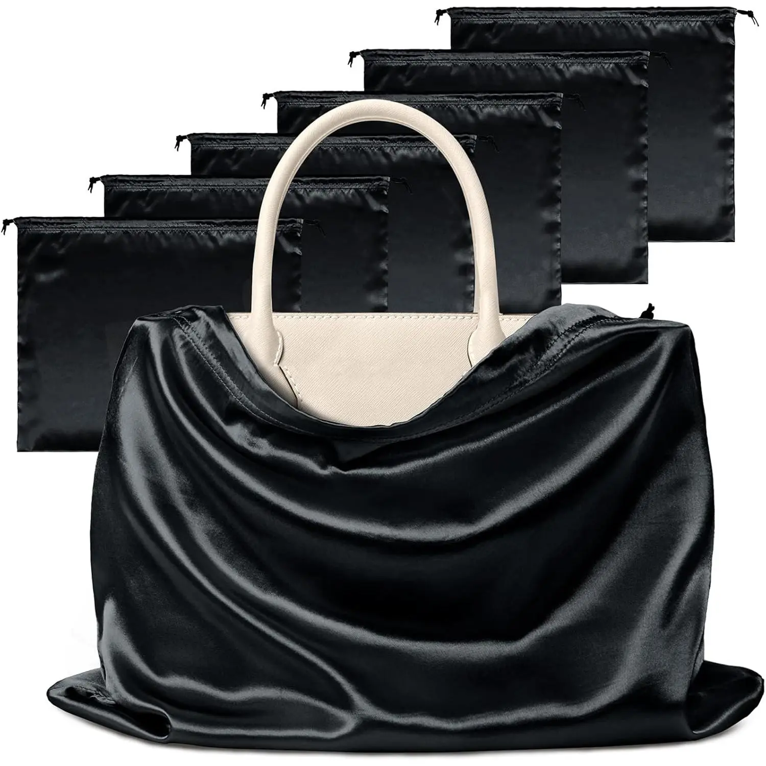 7 Pack Satin Dust Bags for Handbags & Shoes - Black Drawstring Bags, Silk Dust Cover, Protector Travel Storage Pouch (23.6 x 19.6)