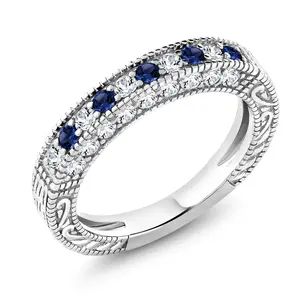 Blue and White Created Sapphire Wedding Band Ring For Women | 925 Sterling Silver | 1.00 Cttw | Wedding Anniversary Promise Ring For Women | Available In Size 5, 6, 7, 8, 9