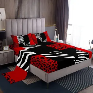 Leopard Zebra Bottom Sheet,Wild Animals Skin Bedding Set,4pcs for Teens Adults,Red Black Geometric Striped Heart Sheet Set,Romantic Microfiber Fitted Sheet+Flat Sheet