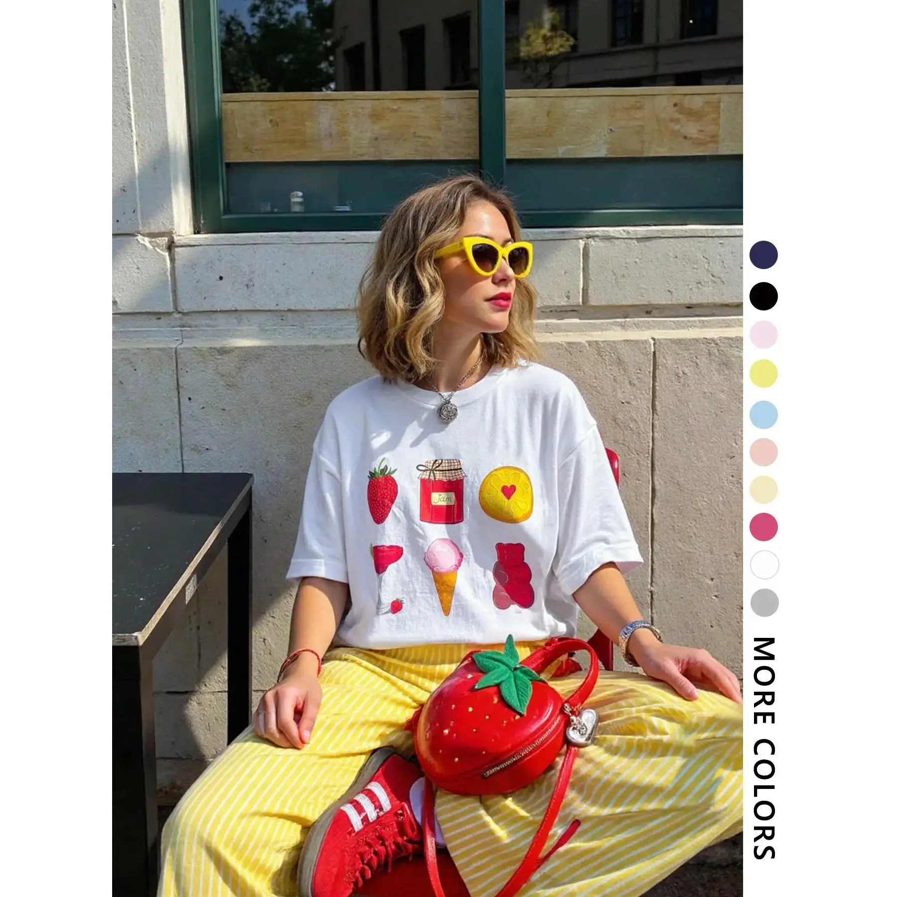 Women's Short Sleeve T-Shirt with Strawberry Ice Cream Print, Loose-Fitting Comfortable Casual Style for All Seasons, Trendy Youthful Fashion