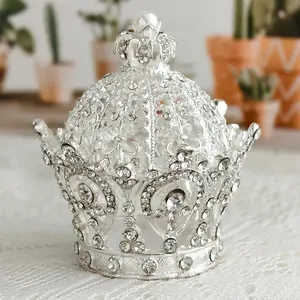 Hinged Silver Crown Trinket Box - Rhinestone Adorned Jeweled Enamel Collectible Decorative Jewelry & Ring Holder Box