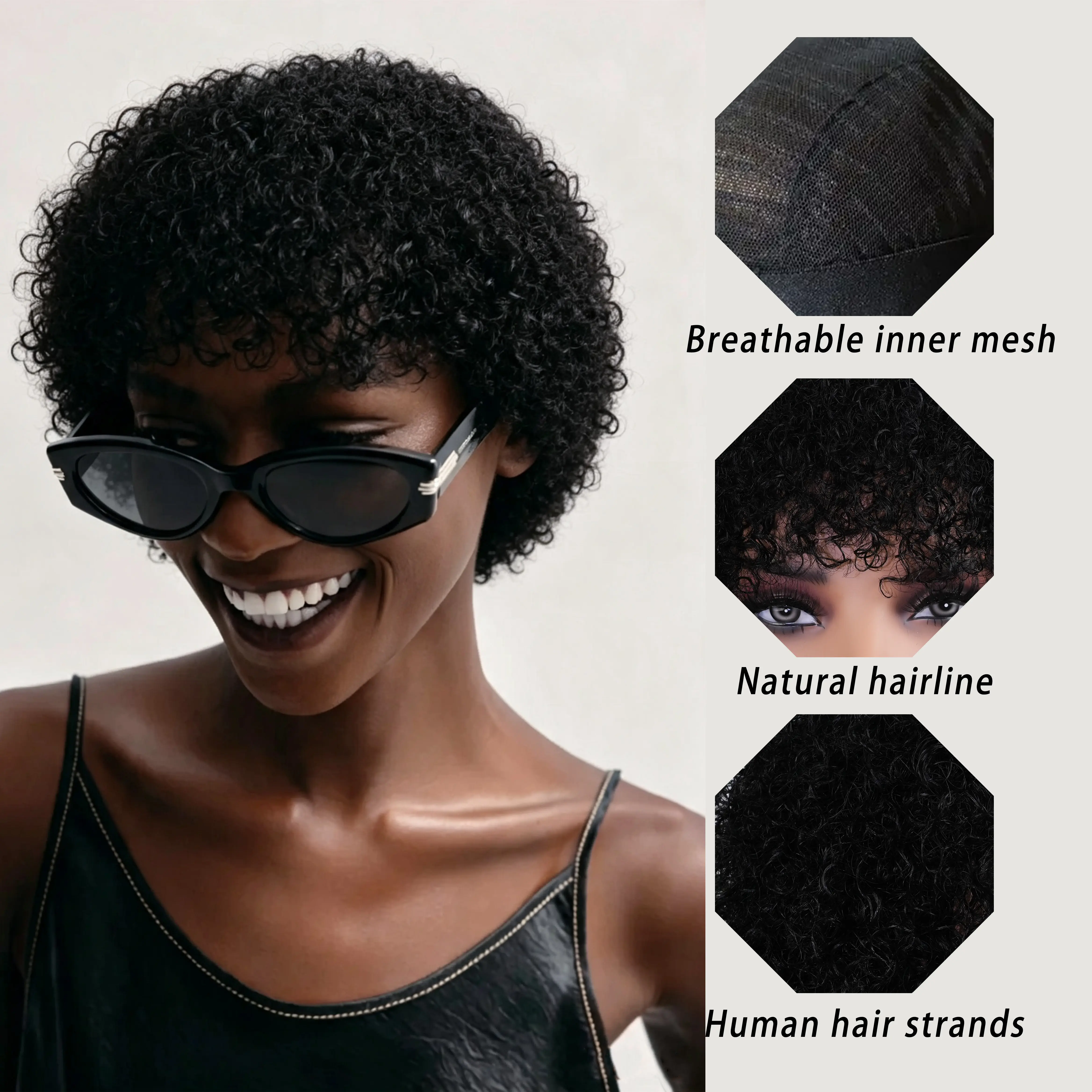Short Curly Wig Machine-Made Curly Human Hair Wig  Curly Wig with Adjustable Straps Vietnamese Human Hair