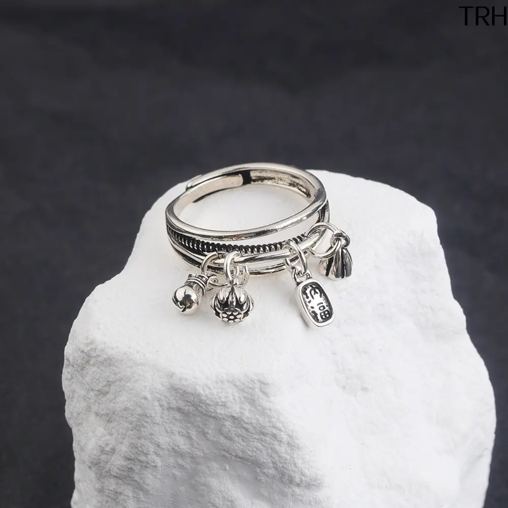 Vintage Adjustable Open Ring Lotus Money Bag Blessing Charms Retro Silver Tone Dangle Index Finger Ring Lightweight Ethnic Jewelry Daily Office Dating Birthday Gift for Women