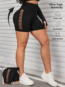 Summer New Seamless Hollow Out Flower Shorts, Elastic Fabric High Waist Abdomen Control Cycling Sports Pants, Women's Fitness Gym Wear