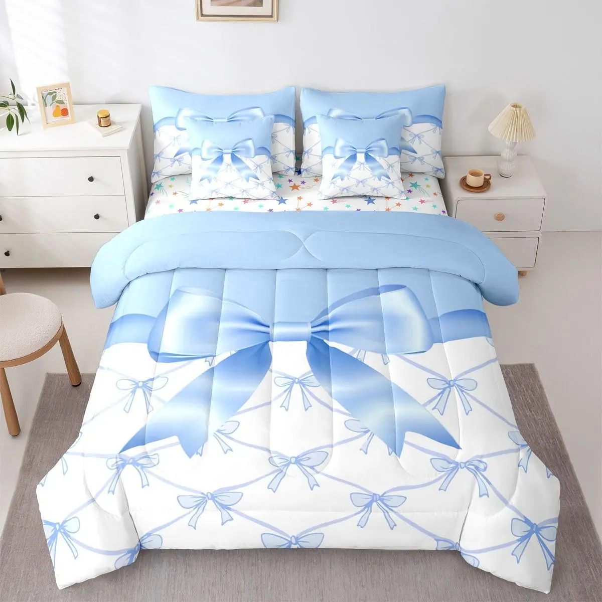Blue Bow 7 Piece Bedding Set Cute Ribbon Bow Comforter Set with Sheets White Blue Bed in a Bag Princess Style Bed Set Soft Lightweight
