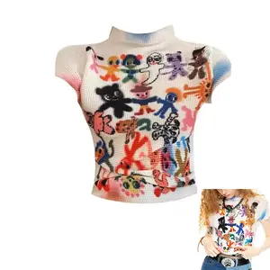 Whimsy Graphic Tee for Women Cute Crop Tops Clothes 2000s Clothing Cropped Aesthetic t Shirts for Teen Girls Trendy Streetwear, face Shirt Downtown Girl