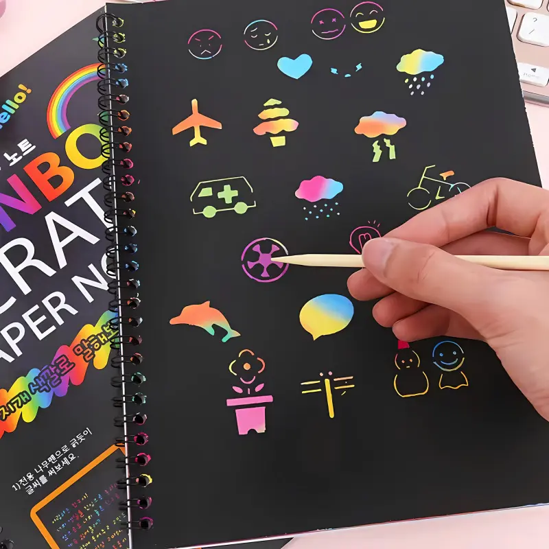 Parent Child Interactive Toys 2/5 Pack Magic Rainbow Color Scratch Art Paper Card Set With Graffiti Stencil Drawing Board Stick DIY Art Painting Educational Toys Gift, Art Supplies