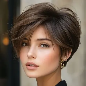 Fashion New [Elegant Pixie Cut Wig] Elegant & Natural Look Women's Dark Brown Pixie Cut Wig |   Glueless Human Hair with Rose Net Cap |   Secure Fit for Parties, Interviews, Photoshoots |   Low Maintenance Short Hair Wig, Comfortable Fit