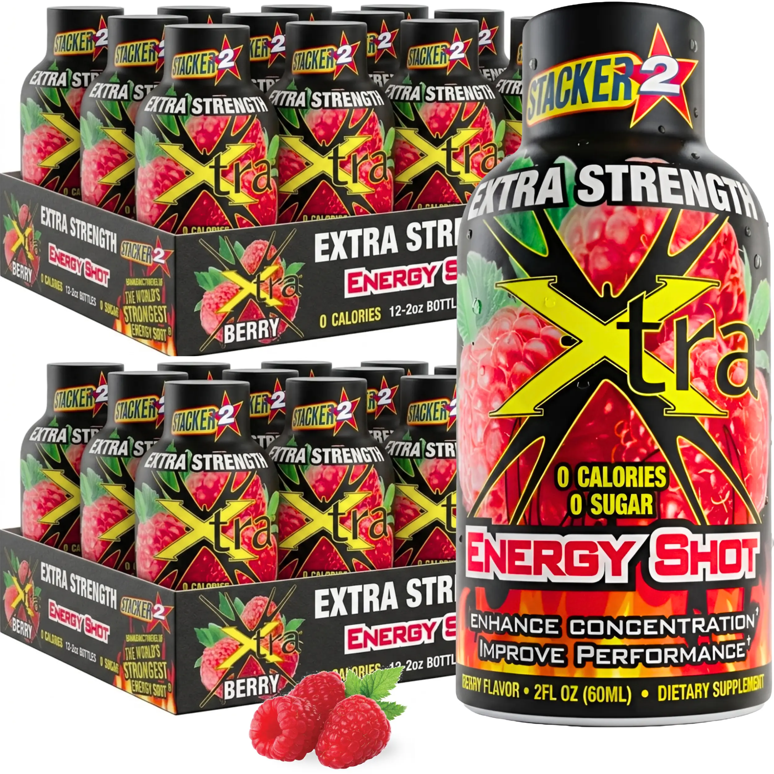 Stacker 2 Xtra Extra Strength Energy Shot, Berry Flavor - B12 B6 B3 L-Tyrosine 0 Calories, 0 Sugar, Liquid, 2 oz, 12 Pack (24 Pack, Berry)