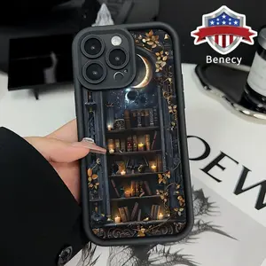 Creative Moon Bookshelf Pattern TPU Phone Case for iPhone 17 16 15 14 Pro Max 13 12 11 Air XR XS Plus E Shockproof Drop Protection Rugged Durable Silicone Cover Cellphone Protective Smartphone Casing Protector