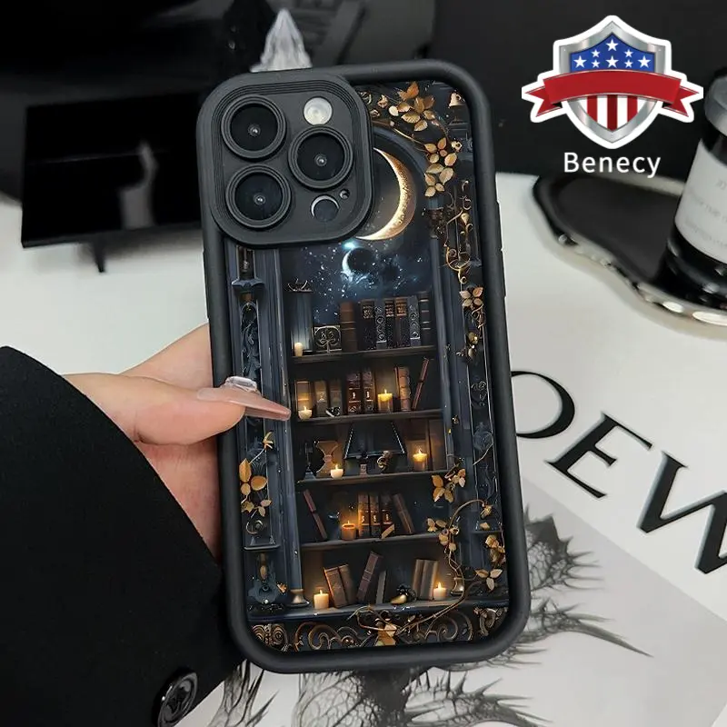 Creative Moon Bookshelf Pattern TPU Phone Case for iPhone 17,16,15,14 Pro Max,14 Pro,13,12,11,Air,XR,XS,Plus,E - Shockproof, Drop-Protective, Rugged, Durable Silicone Cover with Accessory Protection Functionality, Iphone 14 Pro