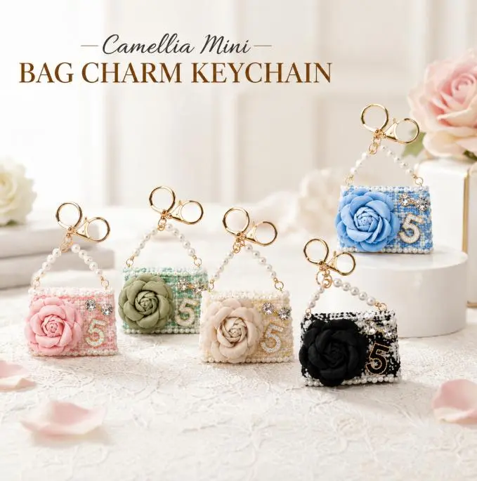 Camellia Mini Bag Charm Keychain, Luxury Coco Style Tiny Handbag Pendant, Elegant Fashion Car Key Chain, Exquisite Rhinestone Bag Accessories Gift for Women