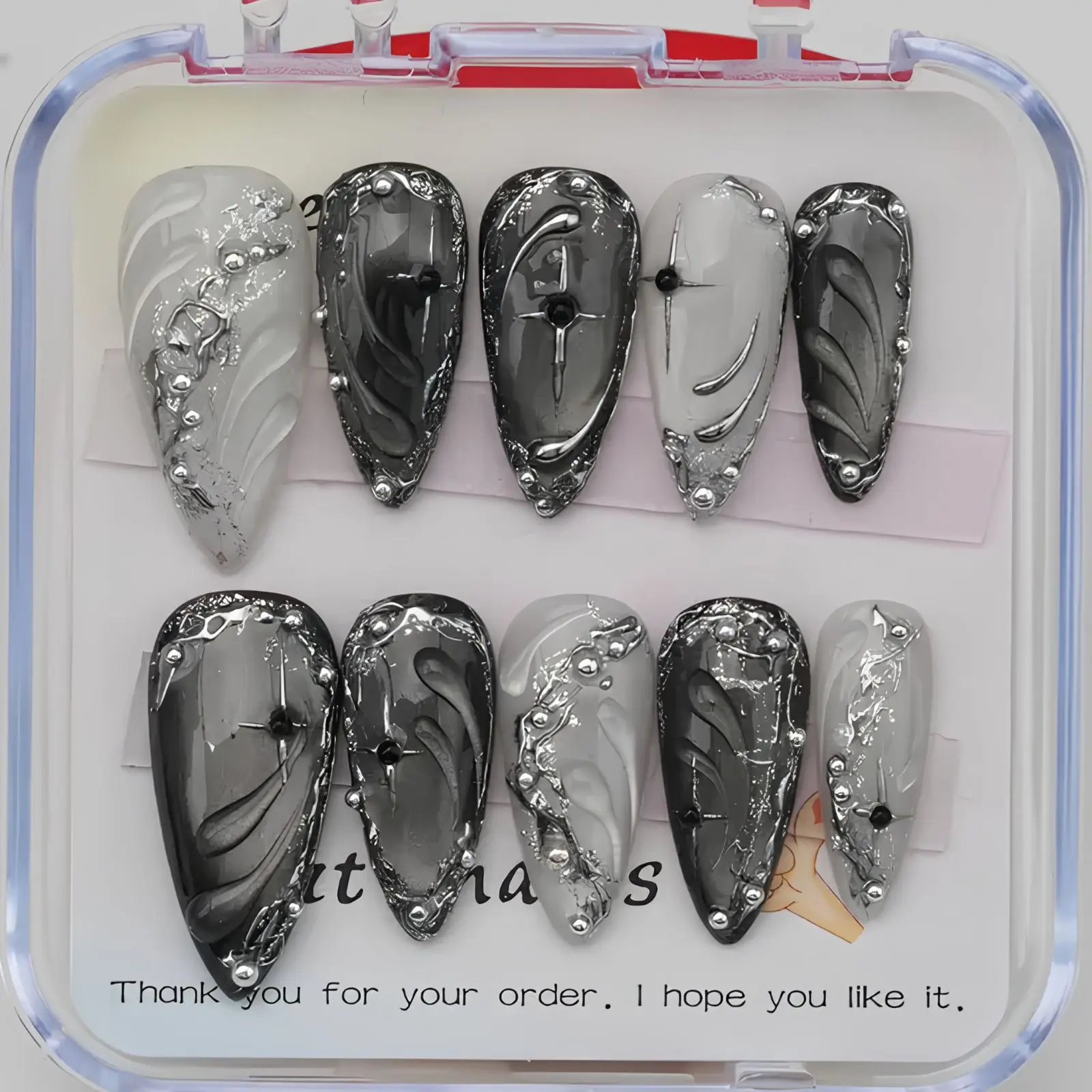 Silver Chrome 3D Press On Nails | Y2K Luxury Gothic Nail Set | Black & Grey Sculptural Nail Art | Abstract Metallic Handmade Fake Nails