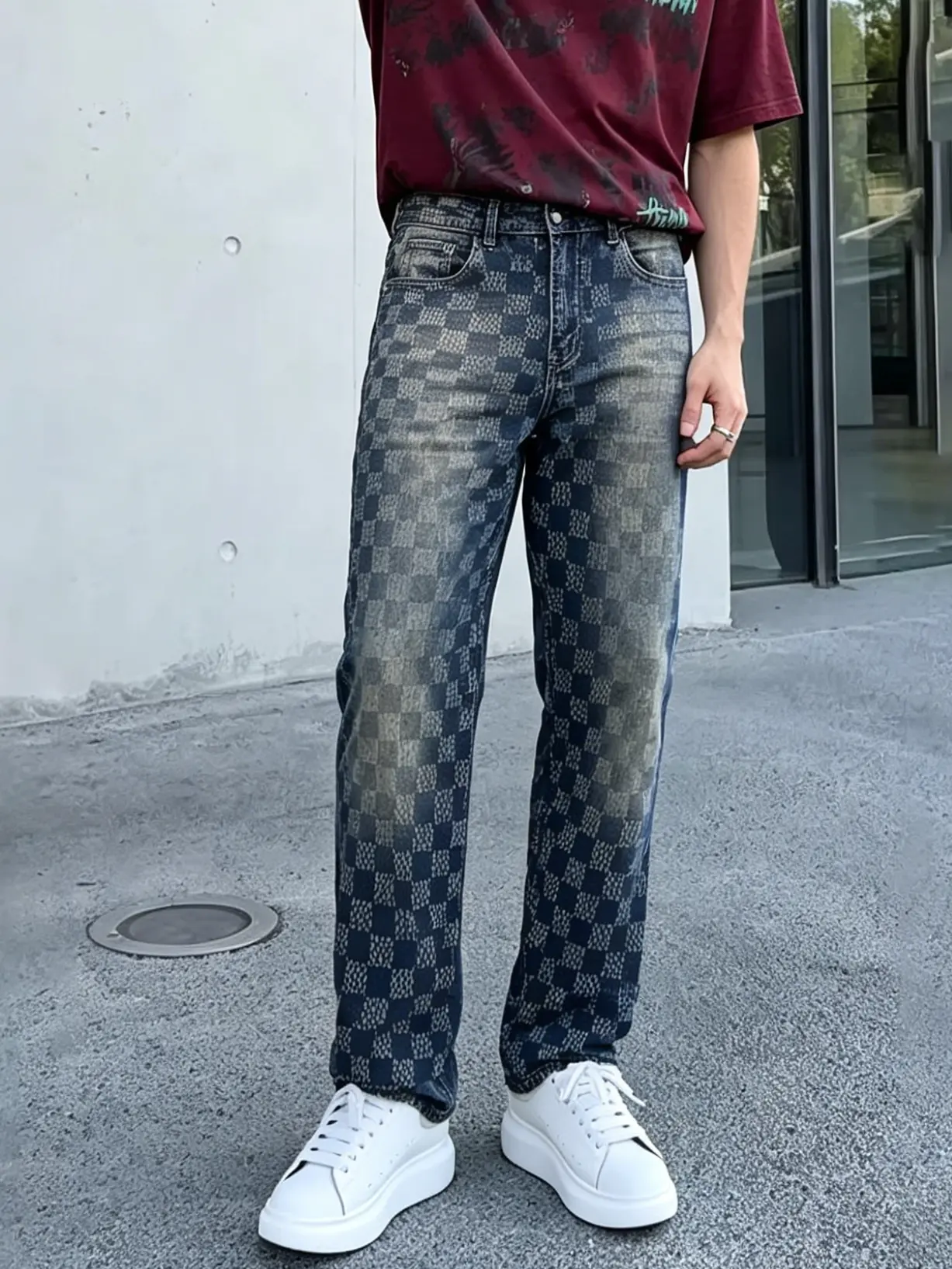 Men's Vintage Checkered Jeans, Slim-Fit Geometric Print Stretch Denim with a Distressed Tinted Wash, All-Season Streetwear Menswear, Pants, Checkerboard