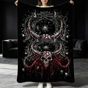 Skull & Thorn Single-Side Printed Throw Blanket, 1 Piece, Gothic Dark Style Flannel Blanket, Soft & Cozy All-Season Blanket, Ideal for Sofa, Bed, Camping & Travel, Thoughtful Gift for Gothic Aesthetic Lovers / Halloween Decoration