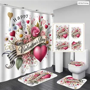 1/3/4PCS Valentine's Day Floral themed with Hearts and Ribbon Shower Curtain Set with Rugs, Non Slip Bath Mat, U-Shape Carpet, Toilet Lid Cover, Bathtub Curtain Accessories, 12 Hooks, Home Bathroom Festival De