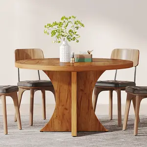 Tribesigns Round Dining Table, Wood-Colored Finish, Cross-Planked Base, Suitable for 4-6 People, Water-Resistant, Scratch-Resistant, 12-Month Warranty